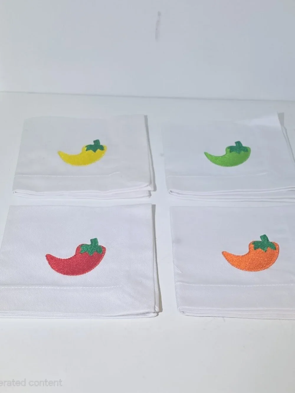 Vintage White Cloth Napkins with Hand-Blown Glass Chili Pepper Swizzle Sticks